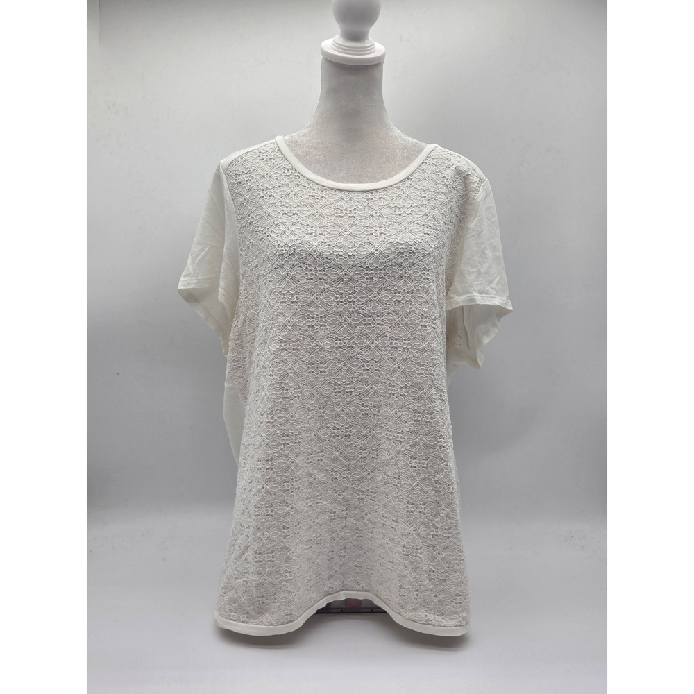 Talbots XL Ivory Lace Front Short Sleeve Cotton Top 101-902